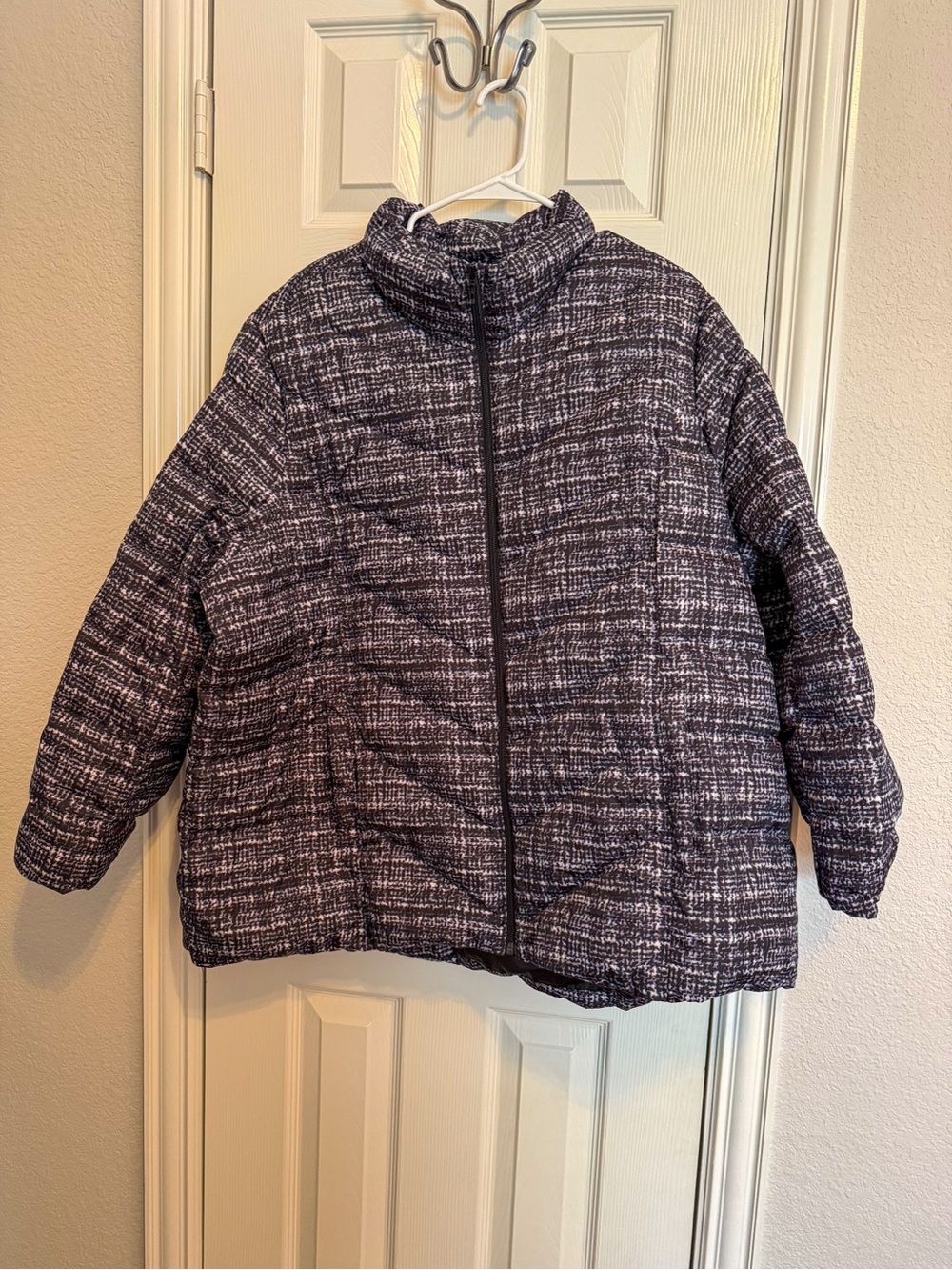 Lands’ End 3X Down Puffer Jacket Black White Plaid Print Plus Size 24W 26W